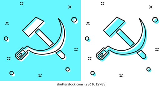 Black line Hammer and sickle USSR icon isolated on green and white background. Symbol Soviet Union. Random dynamic shapes. Vector