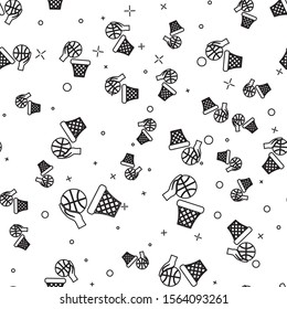 Black line Hand with basketball ball and basket icon isolated seamless pattern on white background. Ball in basketball hoop.  Vector Illustration