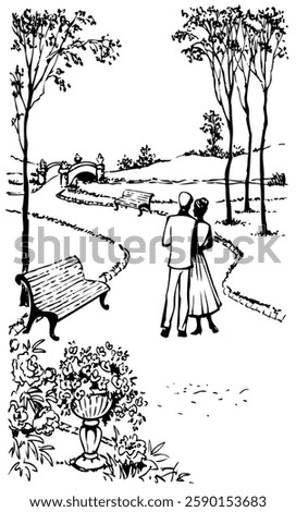 Black line hand drawn 2 mate hold arm dream feel hope alley path way scene sketch art. Back view boy guy look meet talk wed lady wife pair retro urban town city spring rest travel grass lawn white sky