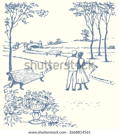 Black line hand drawn 2 mate hold arm dream feel hope alley path way scene sketch art. Back view boy guy look meet talk wed lady wife pair retro urban town city spring rest travel grass lawn white sky