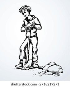 Línea negra dibujada a mano chica adolescente activa pierna de niño scoop pie humus barro crecer maleza pit cuidado de la raíz de la cerda semilla vieja retro vintage esbozo dibujo de dibujos animados arte de boceto Vista de cerca chico joven aislado adolescente stand granja hierba cultivo hobby temporada icono signo