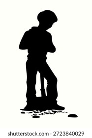 Schwarze Linie handgezeichnet aktive Teenager Mädchen Bein Löffel Fuß Humus Schlamm wachsen Unkraut Grube Pflege Samen Wurzel alte Retro-Vintage-Umriss Karikatur Skizze Kunst. Nahaufnahme Blick isoliert junge männliche Kerl Teenager Stand Farm Gras Ernte Hobby Saison Symbol Zeichen