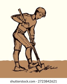 Schwarze Linie handgezeichnet aktive Teenager Mädchen Bein Schaufel Fuß Humus Schlamm wachsen Unkraut Grube Pflege Sau Wurzel Samen alte Retro Vintage Cartoon Skizze Kunst. Nahaufnahme Blick junge männliche Kerl stehen Ernte Hobby Saison Symbol Zeichen