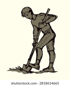 Black line hand drawn active teen girl kid leg scoop foot humus mud grow weed pit care sow root seed old retro vintage cartoon sketch art. Closeup view young male guy stand crop hobby season icon sign