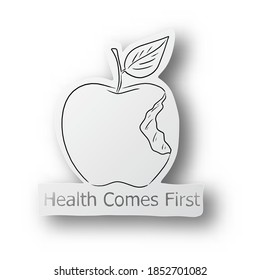 black line hand drawn of bitten apple on cut paper with shadow and word Health Comes First isolated on white background