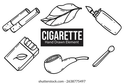 Black line hand drawn cigarette elements. Background, vector, simple design, line art, black ink, wall decoration, ornament