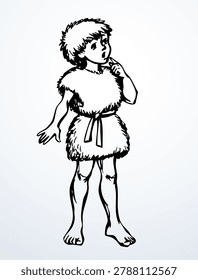 Black line hand drawn cute funny past Archaic poor fur skin man small son body figure. Young old cro magnon bible era guy stand hold arm touch face lip mouth nose happy joy play game fun retro antique outline white biblic art style symbol sign icon