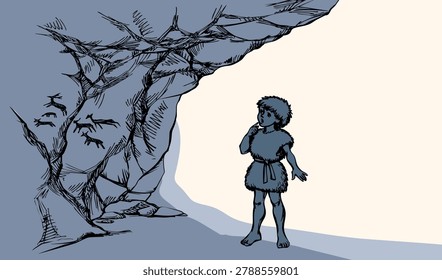 Black line hand drawn cute small funny femal baby past Archaic native ethnic fur skin cloth dress man body figure white cavern rock wall. Furry cro magnon era male teen stand paint fun deer cult artwork creativ retro outlin sketch art style sign icon