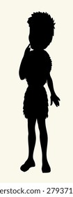 Black line hand drawn cute funny past Archaic poor fur skin man small son body figure. Young old cro magnon bible era guy stand hold arm touch face lip mouth nose happy joy play game fun retro antique outline white biblic art style symbol sign icon