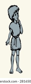 Black line hand drawn cute funny past Archaic poor fur skin man small son body figure. Young old cro magnon bible era guy stand hold arm touch face lip mouth nose happy joy play game fun retro antique outline white biblic art style symbol sign icon