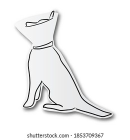 black line hand drawn of dog and protective collar on cut paper with shadow isolated on white background