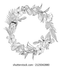 Borde de marco florido de línea negra con flores y ramas delgadas. Ilustración de coronas decorativas delineadas. Elemento de diseño floral.