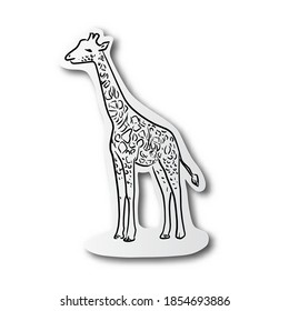 black line hand drawn of giraffe on cut paper with shadow isolated on white background