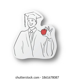 black line hand drawn of graduated student wearing academic dress gown or robe and graduation cap and holding apple on cut paper with shadow isolated on white background