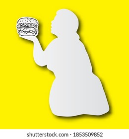 mano de línea negra dibujada de hamburguesa en forma de mujer gorda cortando papel con sombra aislada en fondo amarillo. El concepto de comida poco saludable.