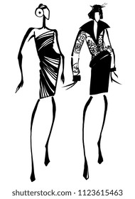 Black line hand drawn ink fashion  illustration. Two girls in dress. Woman silhouette for invitation.