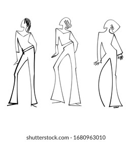 Black line hand drawn ink fashion  illustration. Three girls in trousers. Woman silhouette for invitation in couture pants catwolk. vector hand drawn sketch. artistic vintage models