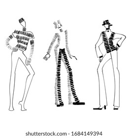 Black line hand drawn ink fashion  illustration. Three girls in trousers, skirts. Woman silhouette for invitation in couture pants catwalk. vector hand drawn sketch. artistic vintage models