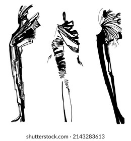 Ilustración de moda dibujada a mano en línea negra. Tres chicas vestidas, faldas. Silueta de mujer para invitación en la pasarela de la costura. esbozo dibujado a mano vectorial. modelos artísticos vintage