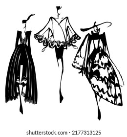 Black line hand drawn ink fashion  illustration. Three girls in dress, skirts. Woman silhouette for invitation in couture catwalk. vector hand drawn sketch. artistic vintage models