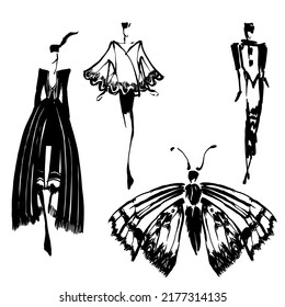 Ilustración de moda dibujada a mano en línea negra. Tres chicas vestidas, faldas. Silueta de mujer para invitación en la pasarela de la costura. esbozo dibujado a mano vectorial. modelos artísticos vintage. insecto de mariposa