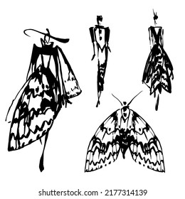 Black line hand drawn ink fashion  illustration. Three girls in dress, skirts. Woman silhouette for invitation in couture catwalk. vector hand drawn sketch. artistic vintage models. Butterfly insect