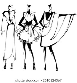 Black line hand drawn ink fashion sketch illustration. Three girls in dress, skirts. Woman silhouette for invitation in couture catwalk. vector hand drawn artistic vintage models