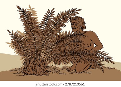 Black line hand drawn lone sad native jungle guy eat death fruit crop harvest food ban scene. Retro old antique alone body head face god character exotic tropic fig flora plant farm cave tribe family wait white sky biblic history outline art sketch