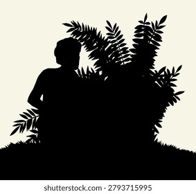 Black line hand drawn lone sad native jungle guy eat death fruit crop harvest food ban scene. Retro old antique alone body head face god character exotic tropic fig flora plant farm cave tribe family wait white sky biblic history outline art sketch