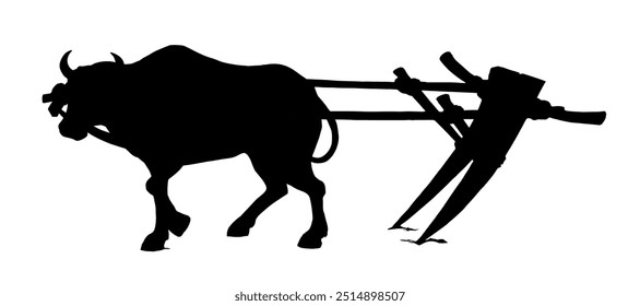 Black line hand drawn male carabao beast pet bridl dig furrow job harvest labor. Close up historic rustic tillage yoke culture icon sign symbol history retro age art sketch isolat white sky background