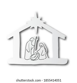 black line hand drawn of nativity scene on cut paper with shadow isolated on white background