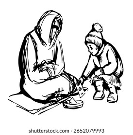 Black line hand drawn pity slum ill lady sit kneel give arm donate aid care coin plate. Sick grief stress worry male hobo kid boy guy cry plead god save earn eat retro biblic age sketch art sign icon