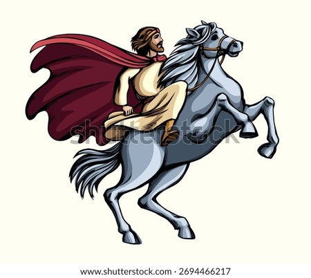 Black line hand drawn retro age jew human male herald run road biblic war win story fantasy art. Armour Israel jewish leader arm cloak cape east tale hero prince sit femal mare girl pet hoof white sky