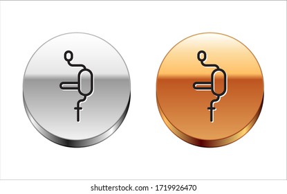 Black line Hand drill icon isolated on white background. Silver-gold circle button. Vector Illustration
