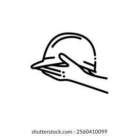black line hand giving helmet, single icon isolated white background with outline style