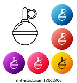 Black line Hand grenade icon isolated on white background. Bomb explosion. Set icons colorful circle buttons. Vector Illustration