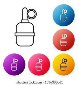 Black line Hand grenade icon isolated on white background. Bomb explosion. Set icons colorful circle buttons. Vector Illustration