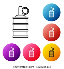 Black line Hand grenade icon isolated on white background. Bomb explosion. Set icons colorful circle buttons. Vector Illustration
