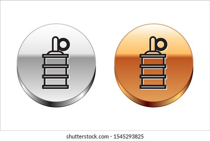 Black line Hand grenade icon isolated on white background. Bomb explosion. Silver-gold circle button. Vector Illustration