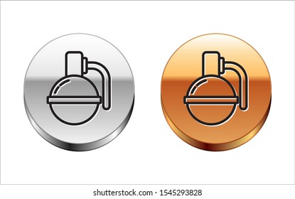 Black line Hand grenade icon isolated on white background. Bomb explosion. Silver-gold circle button. Vector Illustration