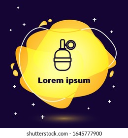 Black line Hand grenade icon isolated on blue background. Bomb explosion. Abstract banner with liquid shapes. Vector Illustration