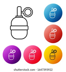 Black line Hand grenade icon isolated on white background. Bomb explosion. Set icons colorful circle buttons. Vector Illustration