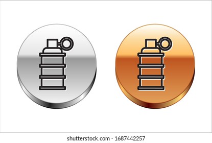 Icono de granada de mano de línea negra aislado en fondo blanco. Explosión de bomba. Botón del círculo dorado plateado. Ilustración vectorial