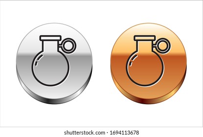 Black line Hand grenade icon isolated on white background. Bomb explosion. Silver-gold circle button. Vector Illustration