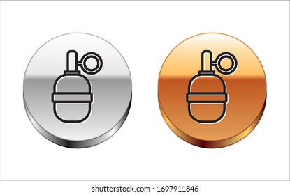 Black line Hand grenade icon isolated on white background. Bomb explosion. Silver-gold circle button. Vector Illustration