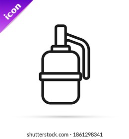 Black line Hand grenade icon isolated on white background. Bomb explosion.  Vector