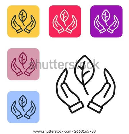 Black line Hand hold a leaf of the plant icon isolated on white background. Care nature. Leaf shoots with environmental protection. Set icons in color square buttons. Vector