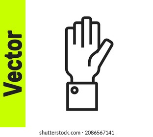 Black line Hand holding auction icon isolated on white background. Bidding concept. Auction competition.  Vector