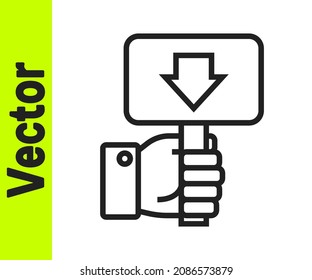 Black line Hand holding auction paddle icon isolated on white background. Bidding concept. Auction competition. Hands rising signs with BID inscriptions.  Vector