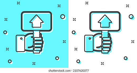 Black line Hand holding auction paddle icon isolated on green and white background. Bidding concept. Auction competition. Hands rising signs with BID inscriptions. Random dynamic shapes. Vector